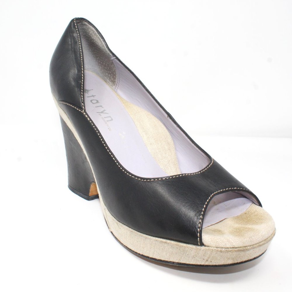 Taryn by Taryn Rose Size 9 Black Leather Linen Platform Wedge Peep Toe Heels